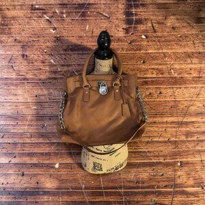 Michael Kors Hamilton Large Satchel Luggage Tan Cognac Leather Silver Bag